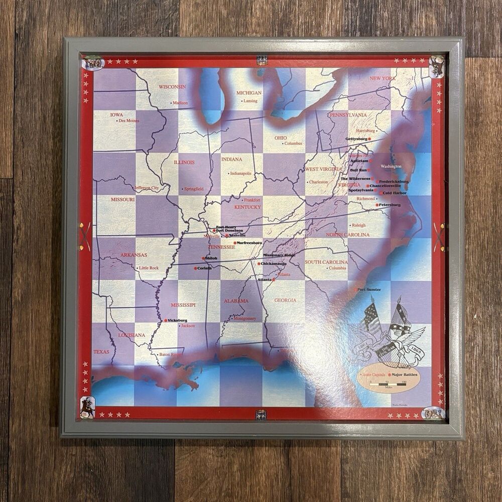 Vintage Foula Hristakis Civil War Battle Map Chess Board Only Framed 18”